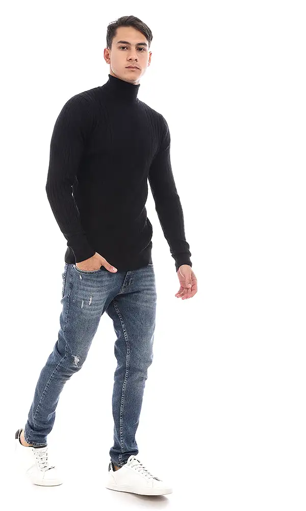 96399 Turtle Neck Solid Long Sleeves Pullover - Black