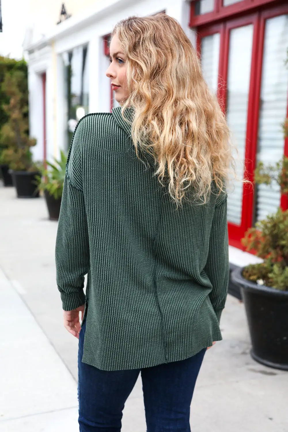 A New Day Forest Green Mineral Wash Rib Knit Hoodie