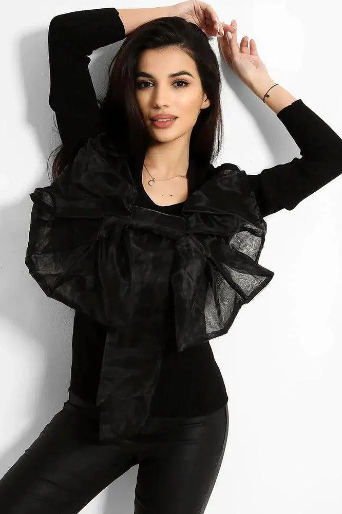 All Black Large Organza Bow Rib Knit Pullover