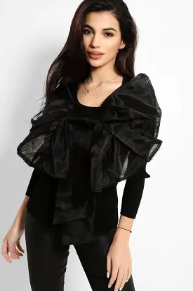 All Black Large Organza Bow Rib Knit Pullover