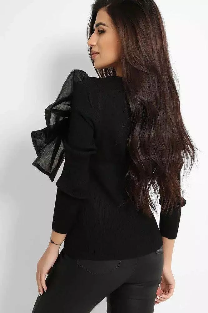 All Black Large Organza Bow Rib Knit Pullover