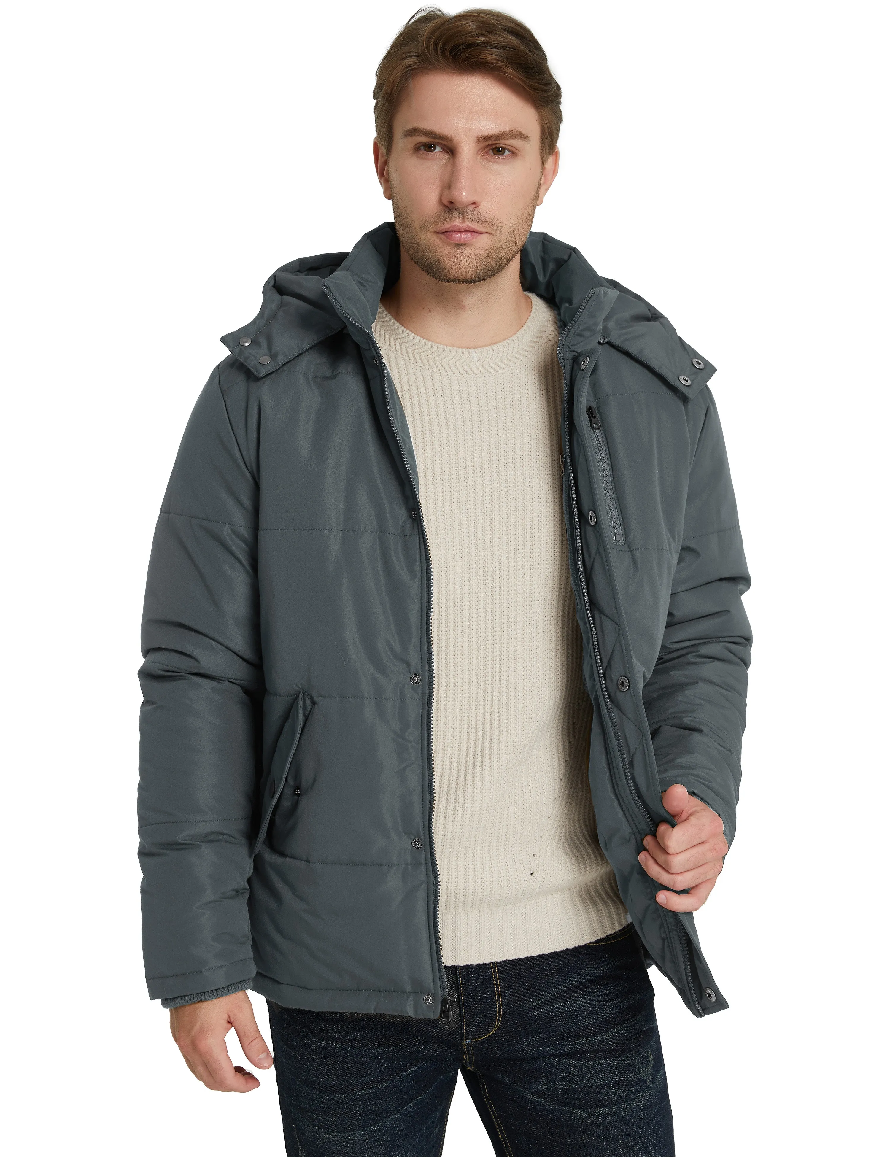 Ampake Men's Winter Warm Parka Coat Thicken Padded Puffer Jacket with Removable Hood