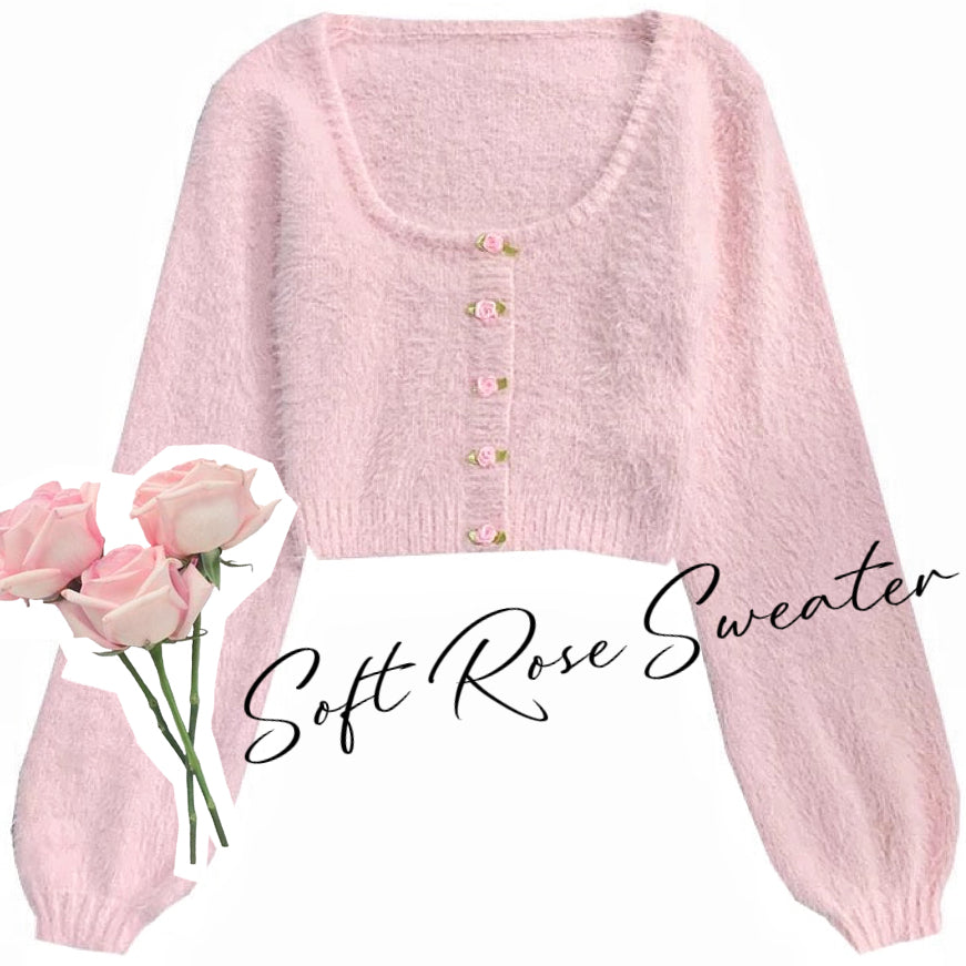 Baby Pink Rose Soft Girl Fuzzy Cropped Sweater