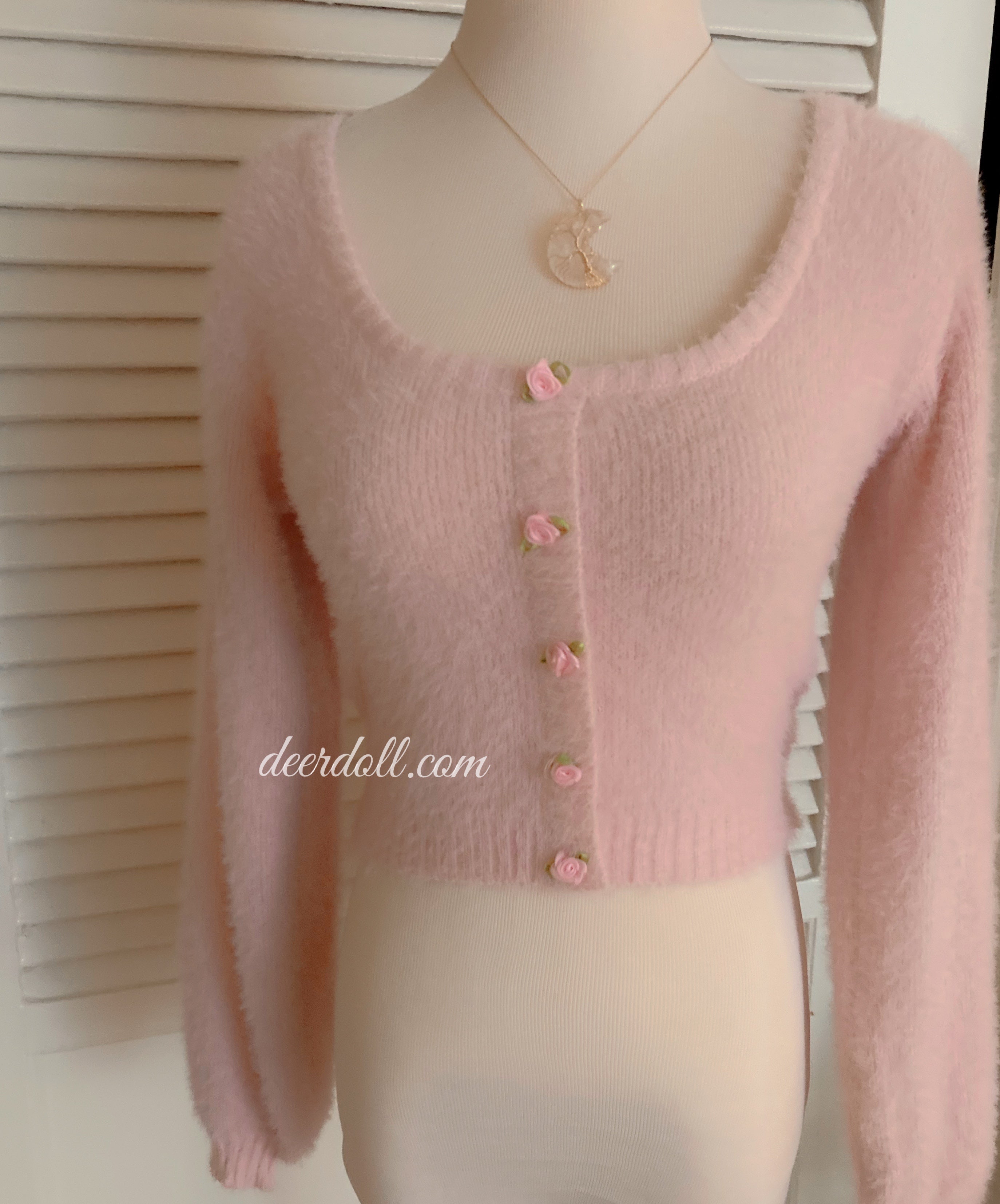 Baby Pink Rose Soft Girl Fuzzy Cropped Sweater