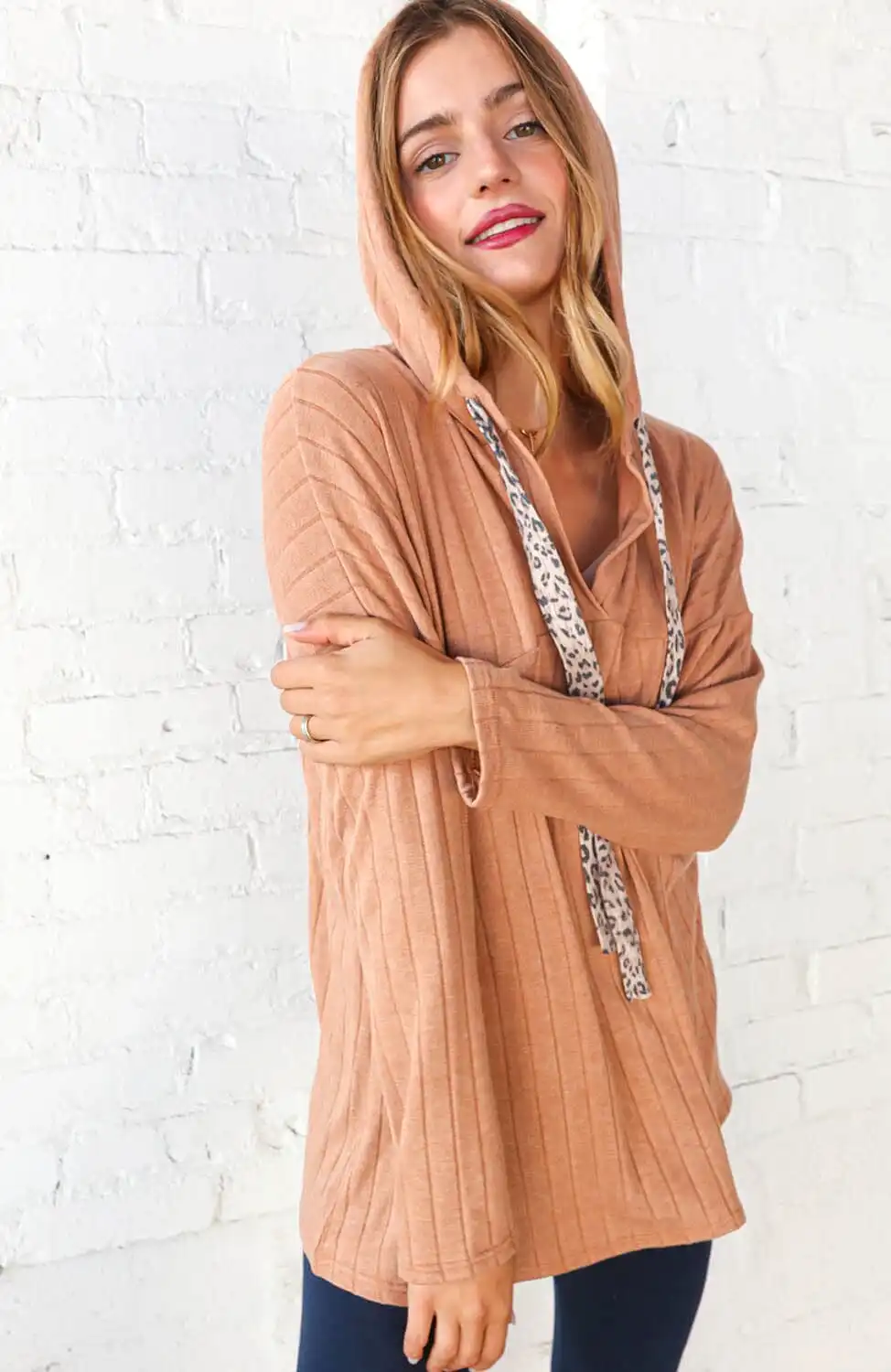 Beige Rib Knit Leopard Print Drawstring Hoodie