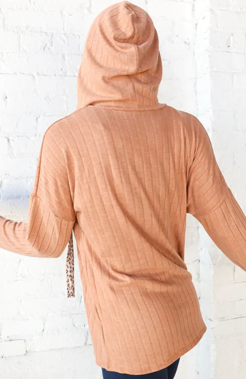 Beige Rib Knit Leopard Print Drawstring Hoodie