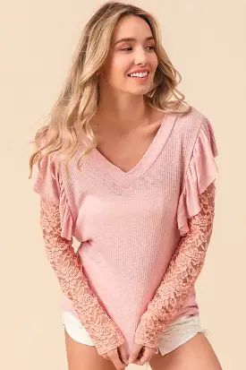 BiBi Ruffled Lace Sleeve Rib Knit Top