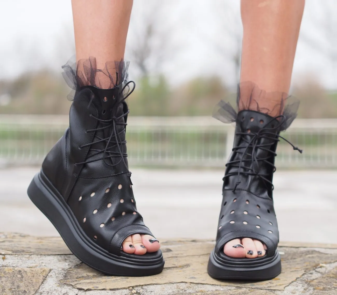 Black genuine leather summer boots,woman genuine leather summer boots,extravagant leather summer boots