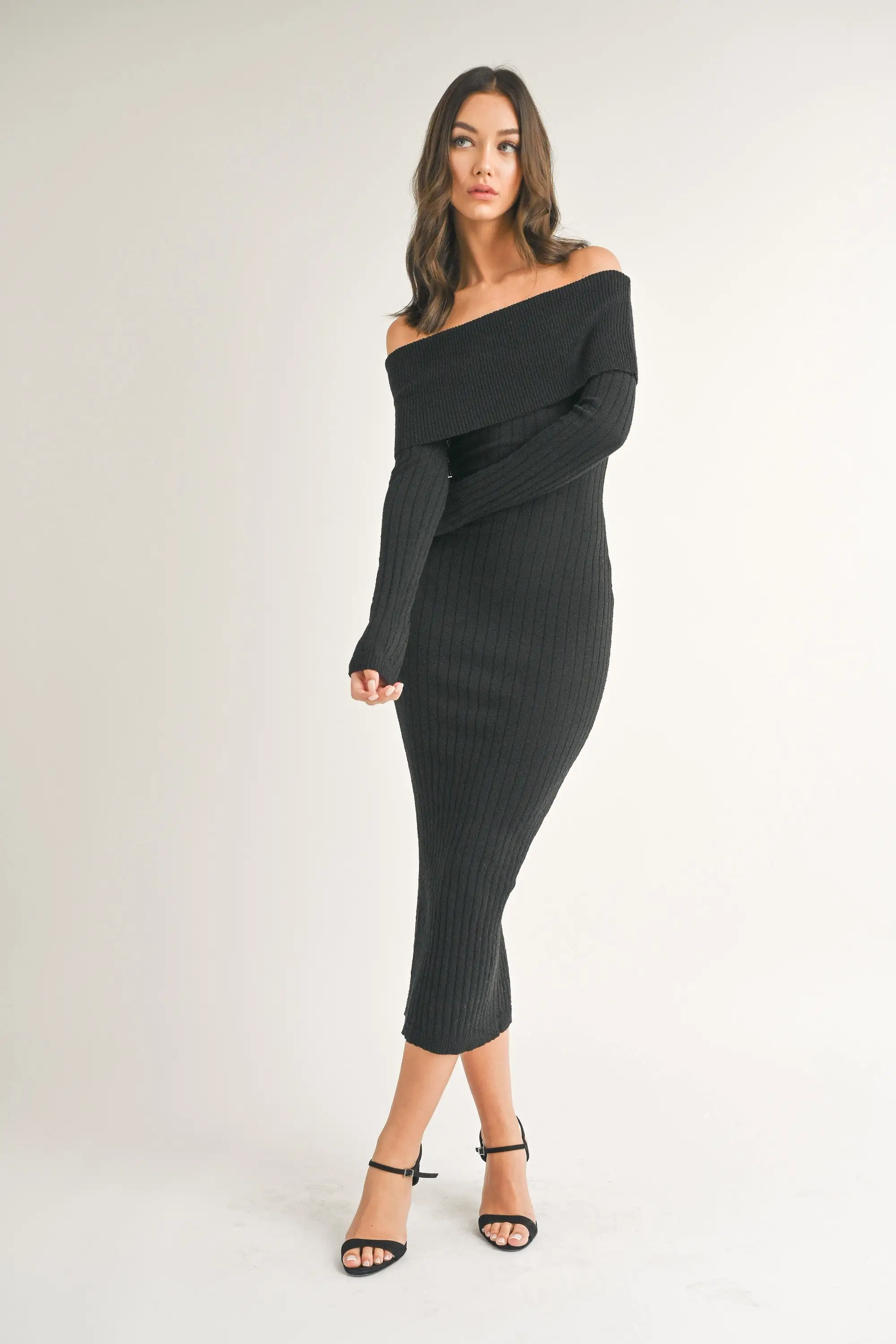 Black Rib Knit Off Shoulder Maternity Maxi Dress