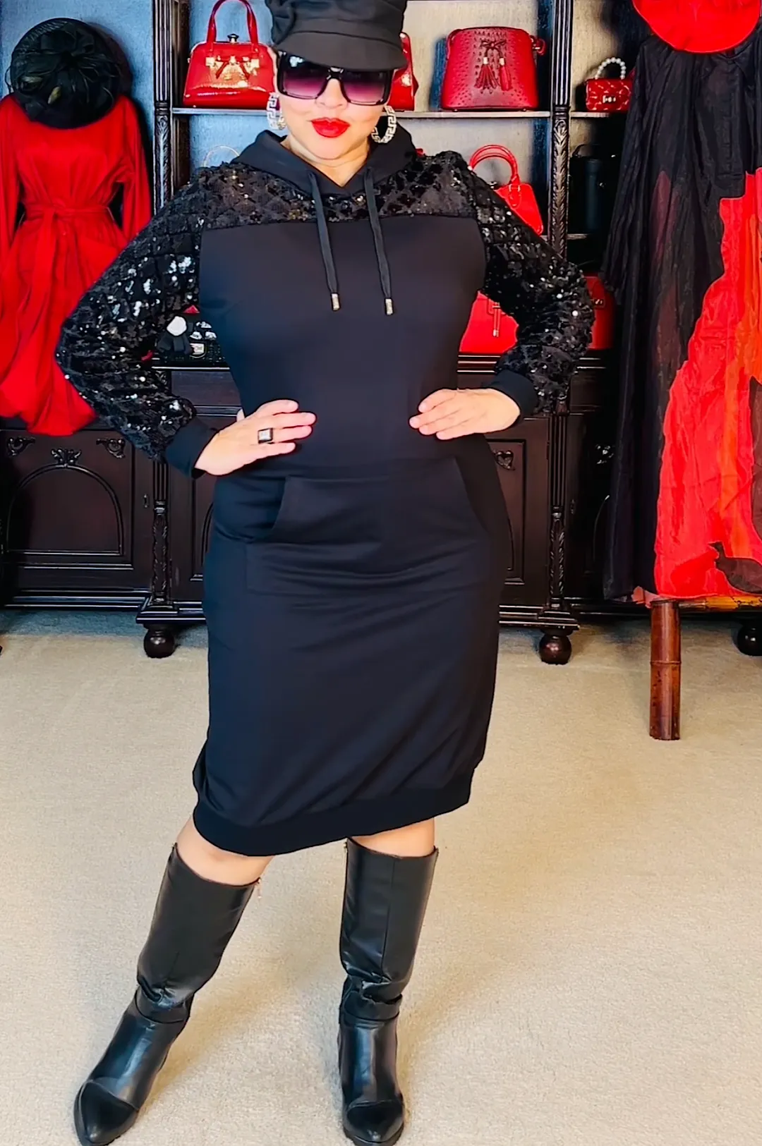 Black Sequin Hoodie Dress