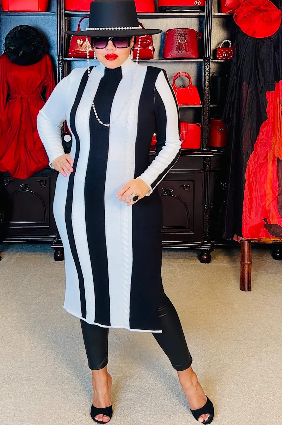 Black White Mid Length Knit Dress