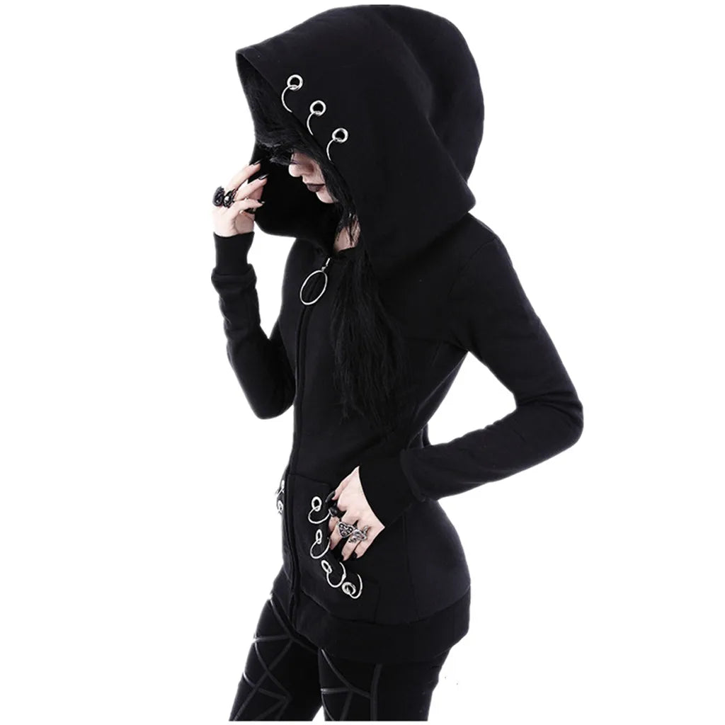 Black Zip-Up Women's Punk Hoodie with Iron Ring Hooded Jacket