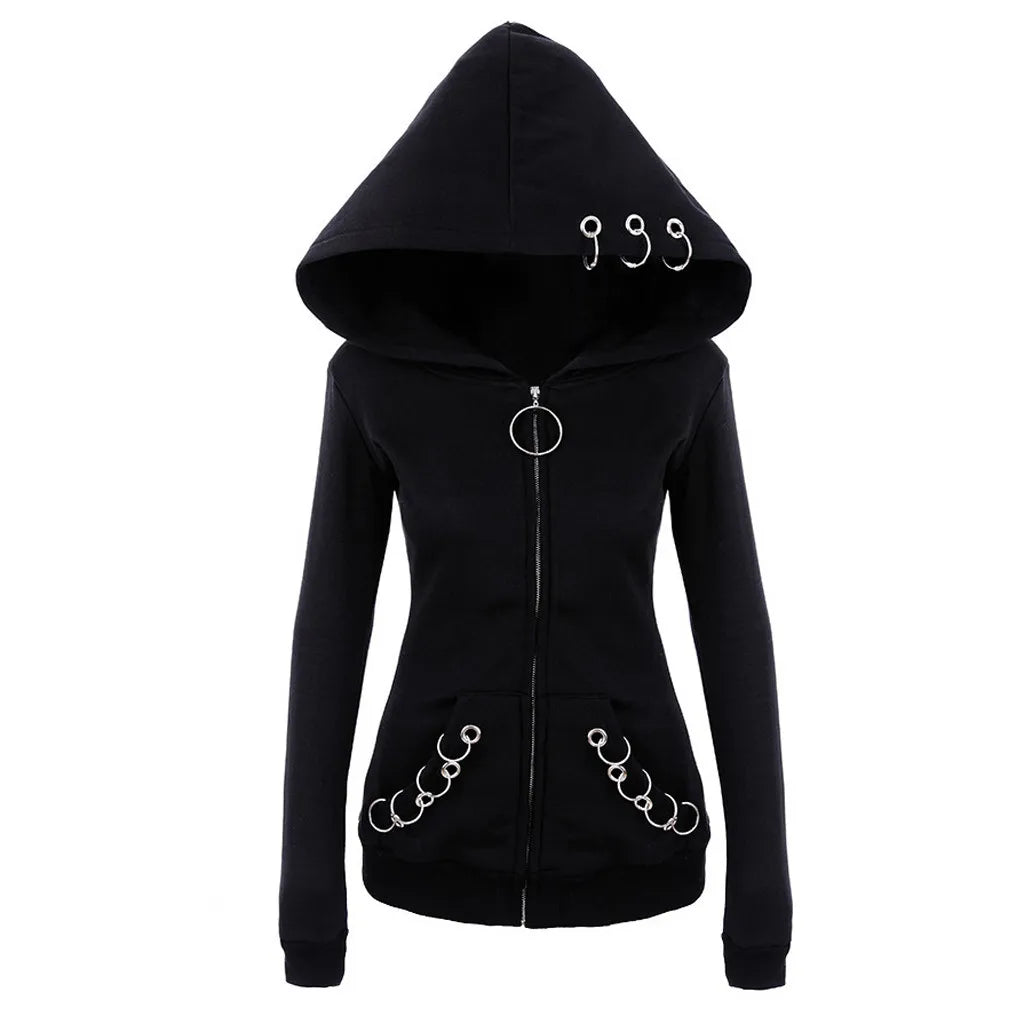 Black Zip-Up Women's Punk Hoodie with Iron Ring Hooded Jacket