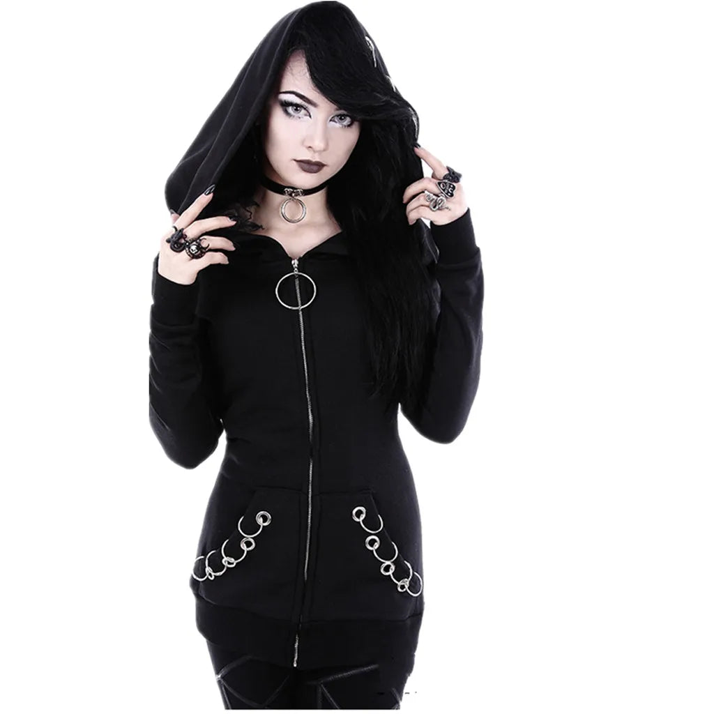 Black Zip-Up Women's Punk Hoodie with Iron Ring Hooded Jacket