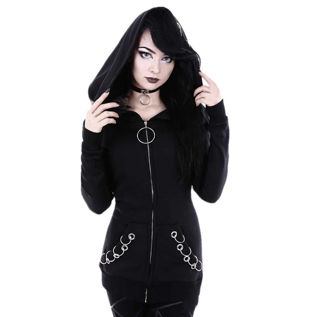 Black Zip-Up Women's Punk Hoodie with Iron Ring Hooded Jacket