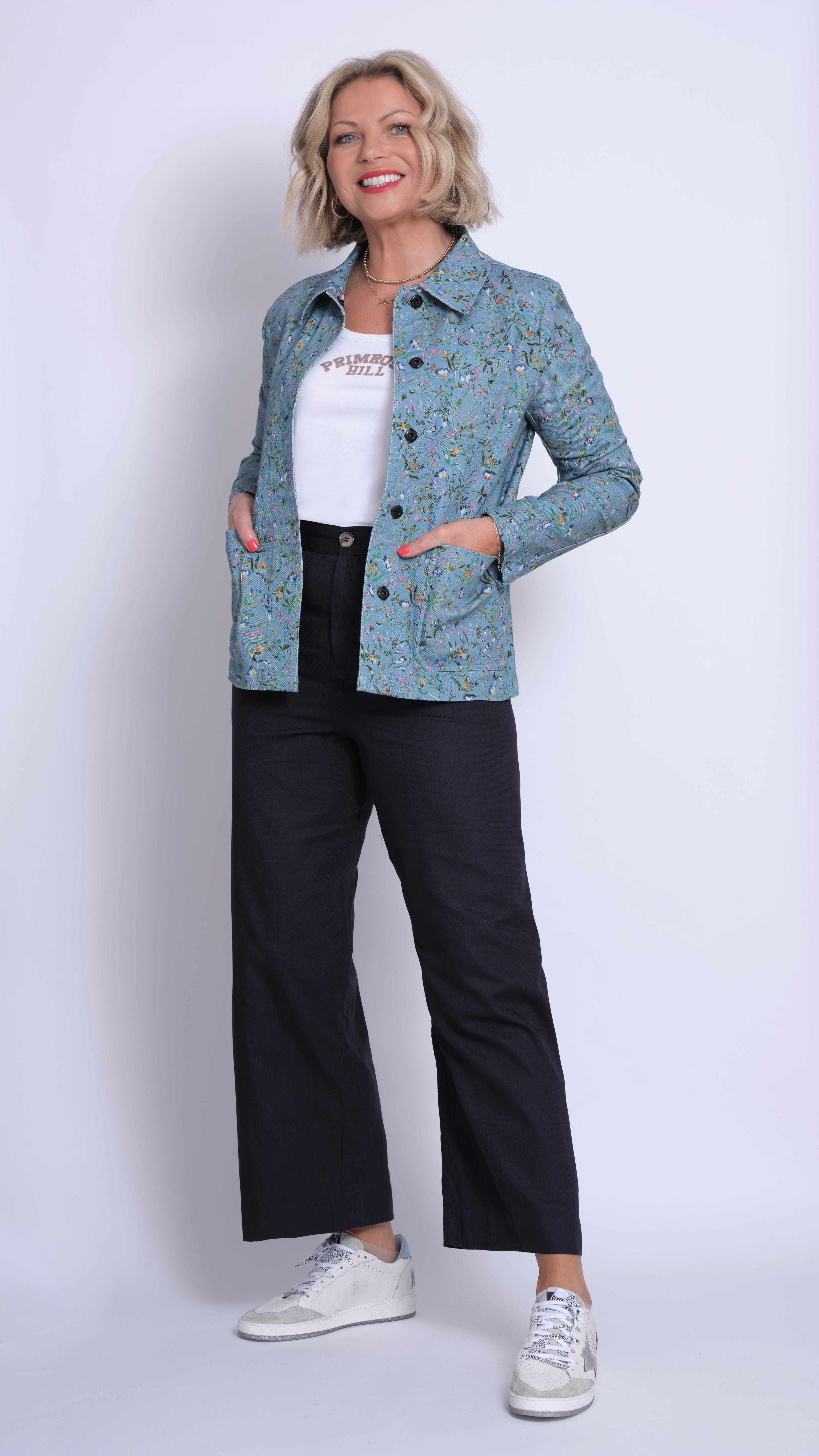 Blue botanical print cotton twill Pelli jacket