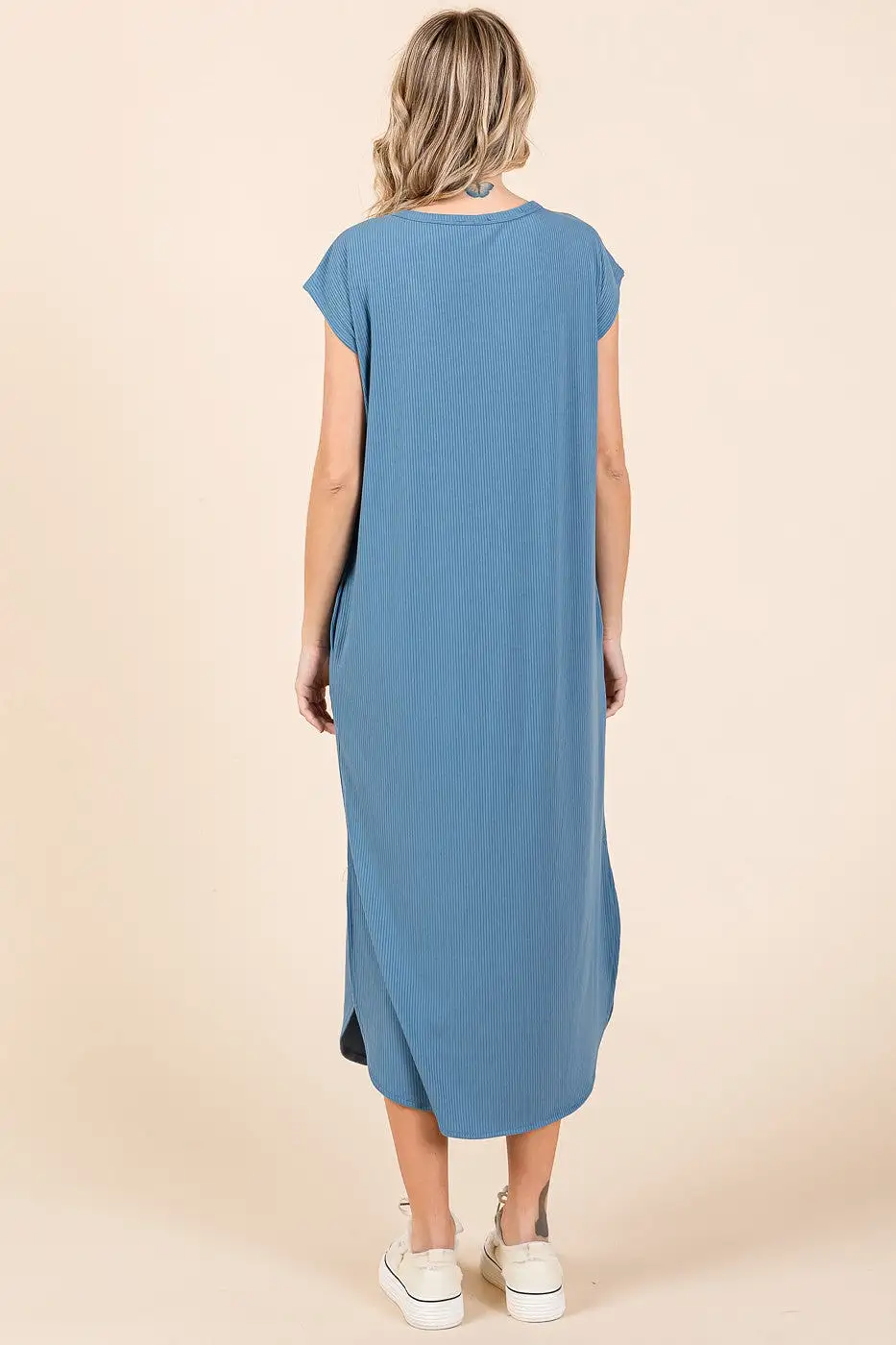 Blue Rib Knit Scoop Neck Midi Dress