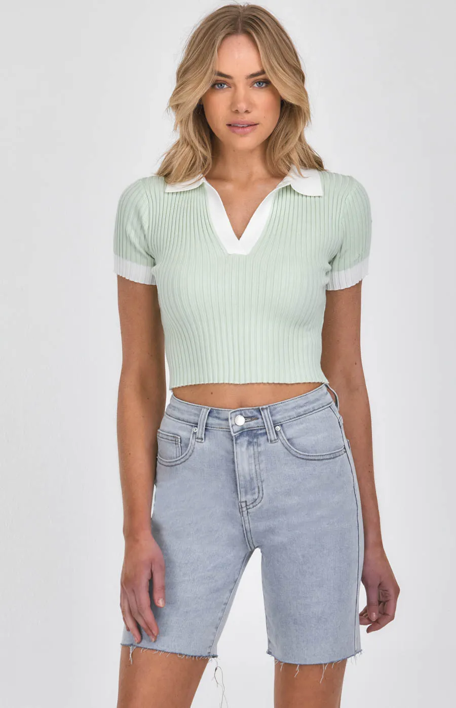 Contrast Binding Collared Rib Knit Top (SKN567)