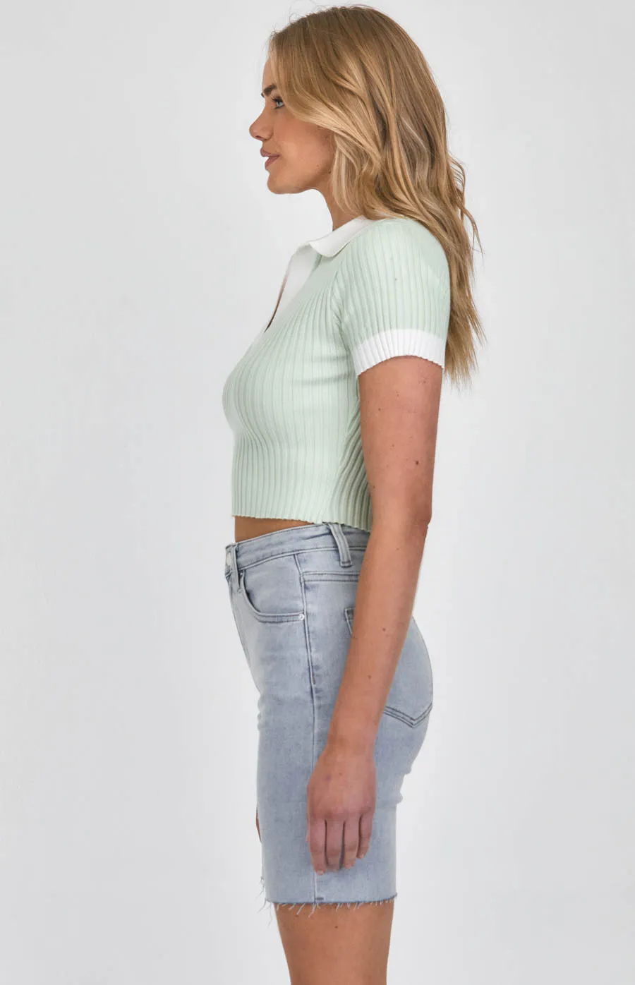 Contrast Binding Collared Rib Knit Top (SKN567)