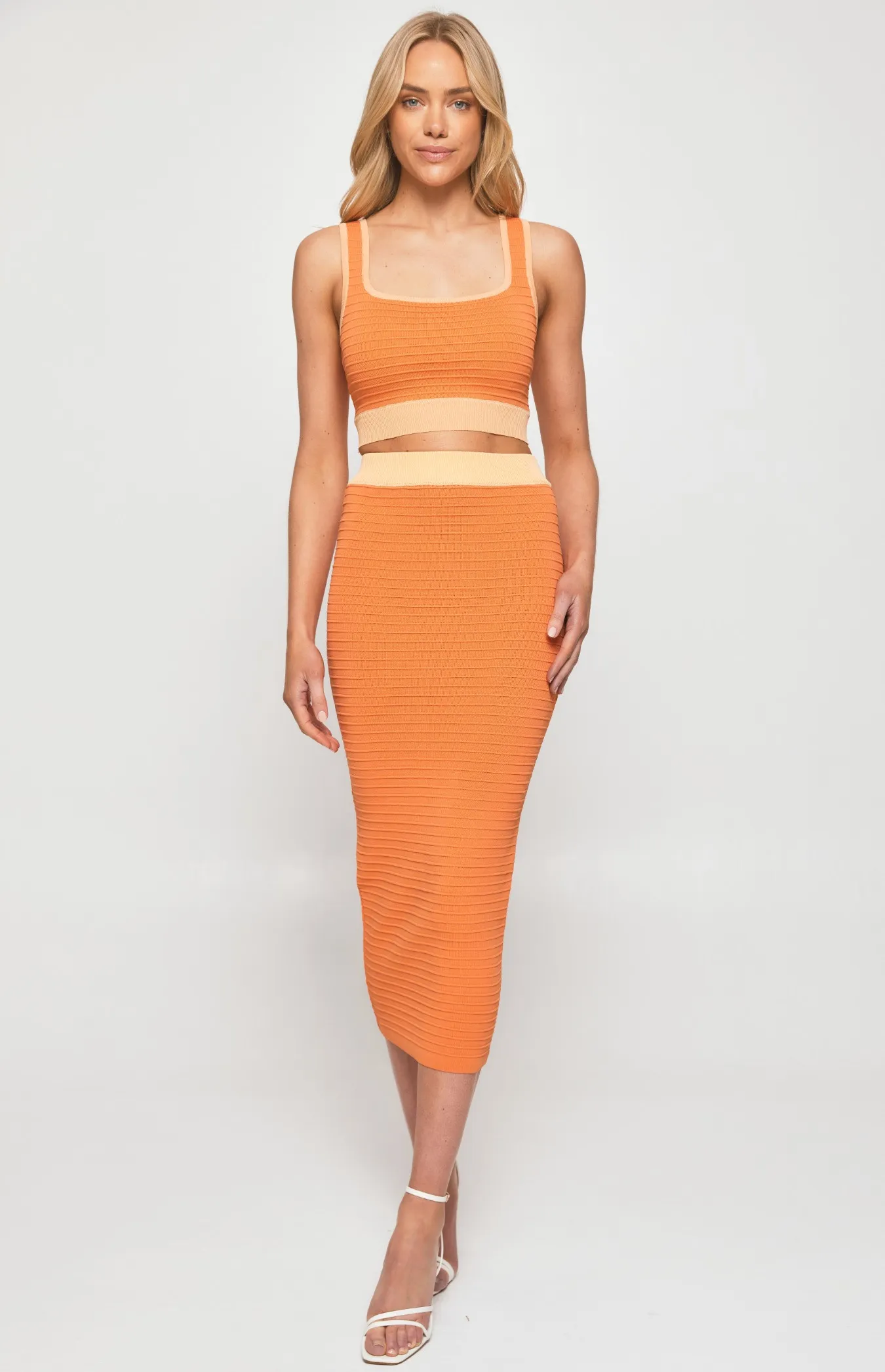 Contrast Textured Rib Knit Set with Top and Midi Skirt (SKN626)