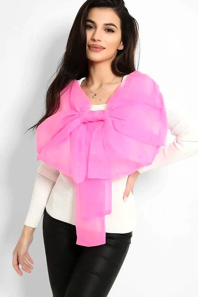 Cream Pink Large Organza Bow Rib Knit Pullover