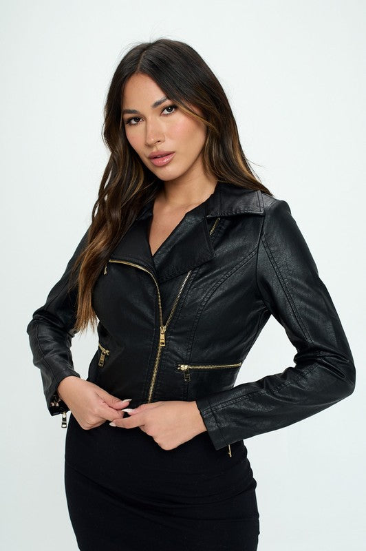 Cropped Gold Zipper Pu Jacket