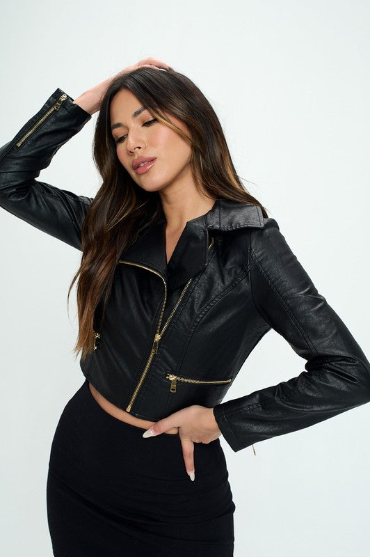 Cropped Gold Zipper Pu Jacket