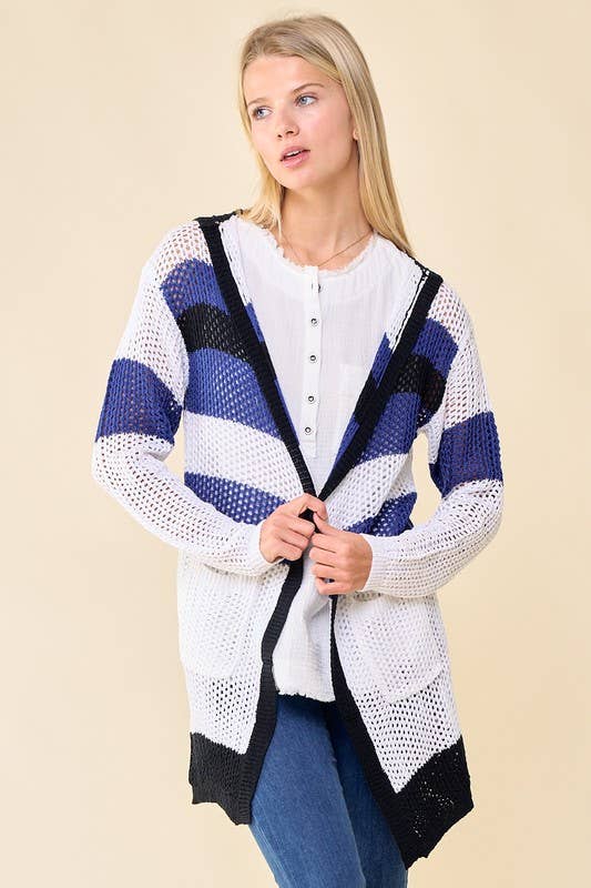 Doe and Rae - Multi Stripe Hoodie Cardigan - 10138J: L / Sand/Seafoam