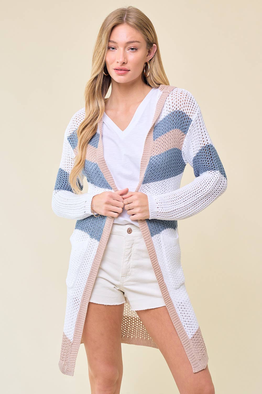 Doe and Rae - Multi Stripe Hoodie Cardigan - 10138J: L / Sand/Seafoam