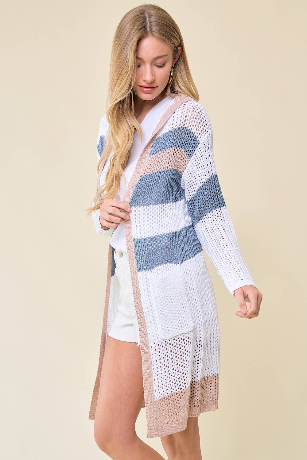 Doe and Rae - Multi Stripe Hoodie Cardigan - 10138J: L / Sand/Seafoam