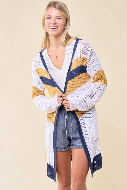 Doe and Rae - Multi Stripe Hoodie Cardigan - 10138J: L / Sand/Seafoam