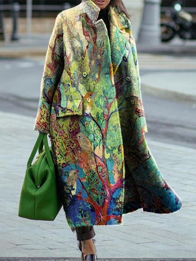 Elegant Floral Print Heated Winter Coat with Lapel