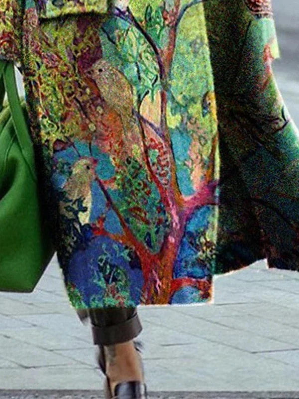 Elegant Floral Print Heated Winter Coat with Lapel