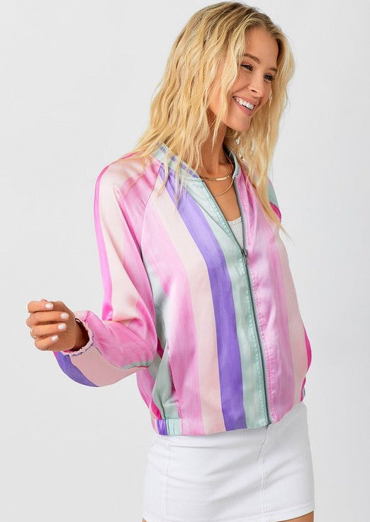 FINAL SALE - Pink Mix Striped Bomber Jacket