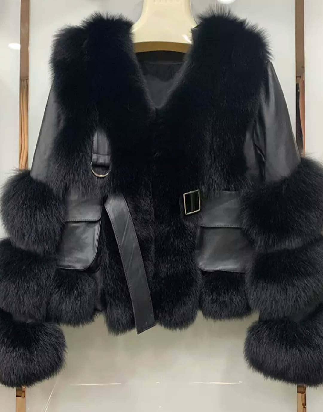 Fox Fur Leather Trimmed Belted Coat