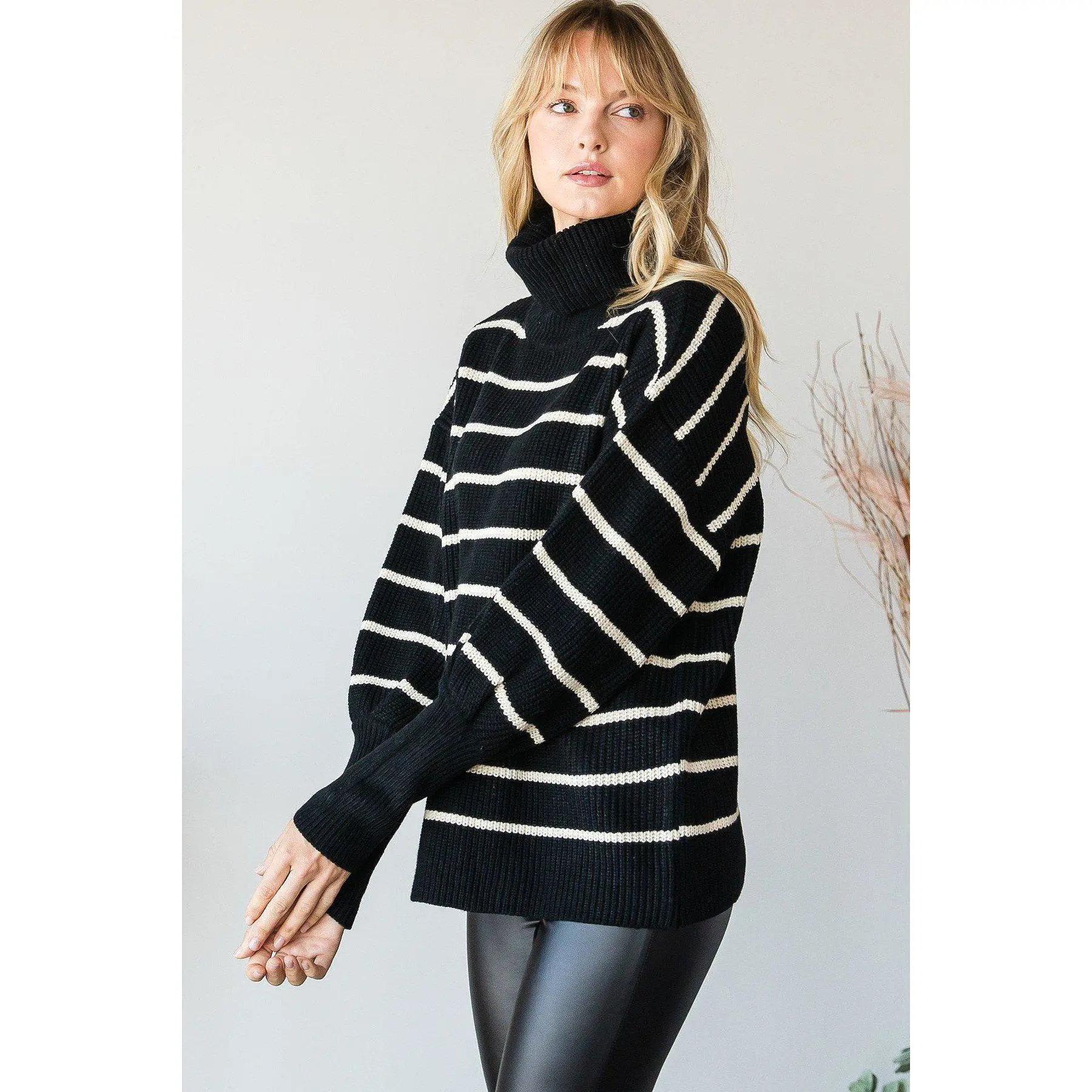 Heavy Knit Striped Turtle Neck Knit Sweater