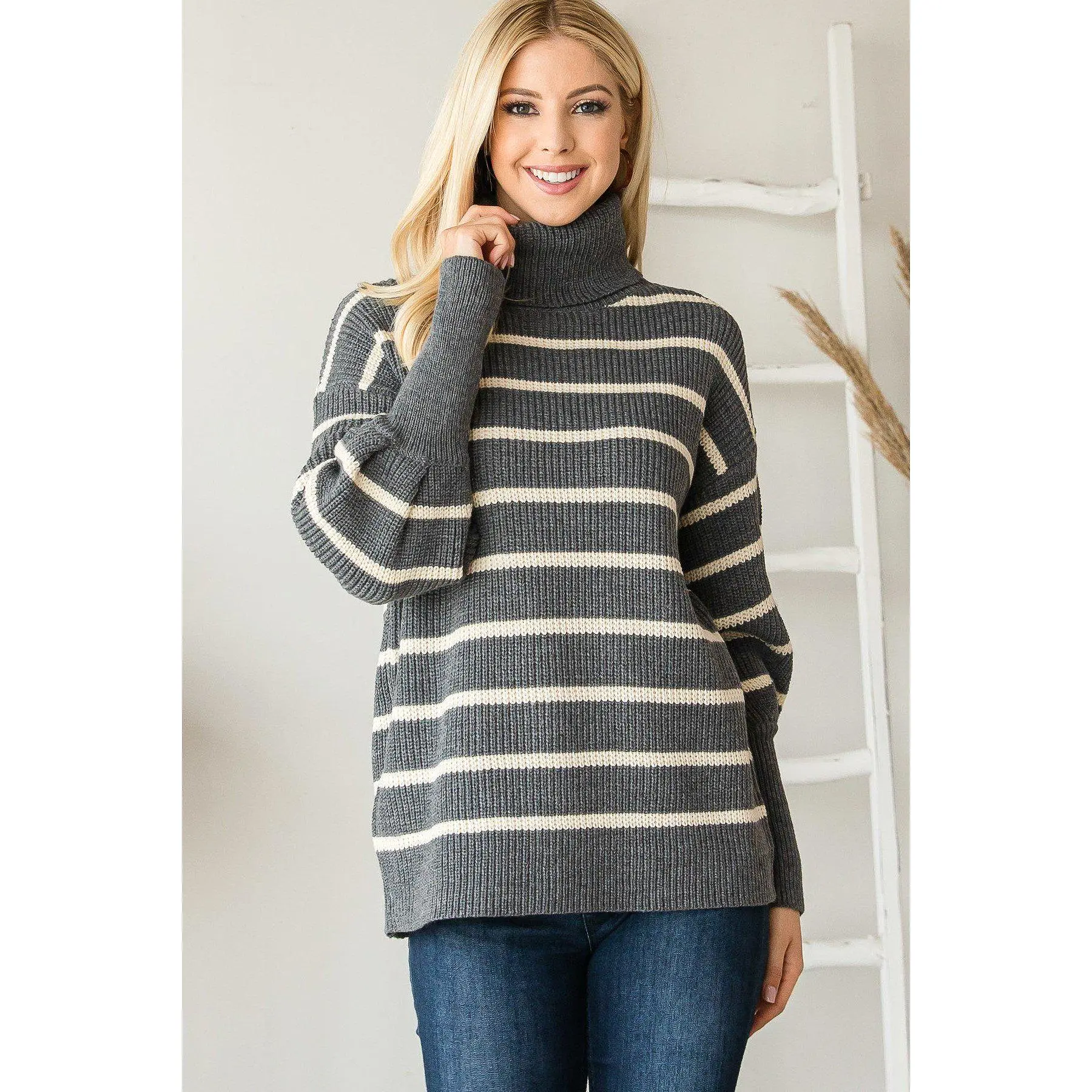 Heavy Knit Striped Turtle Neck Knit Sweater