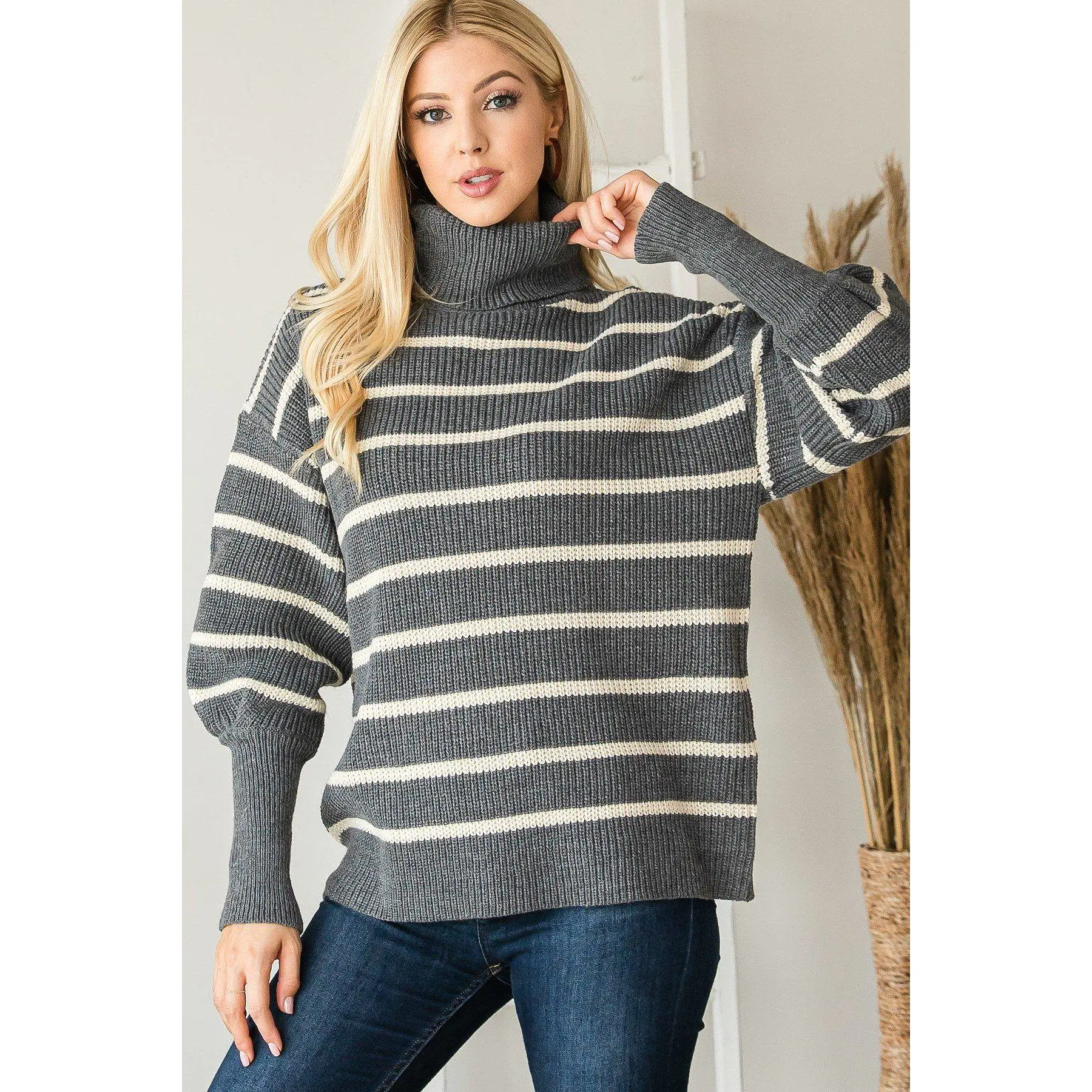 Heavy Knit Striped Turtle Neck Knit Sweater