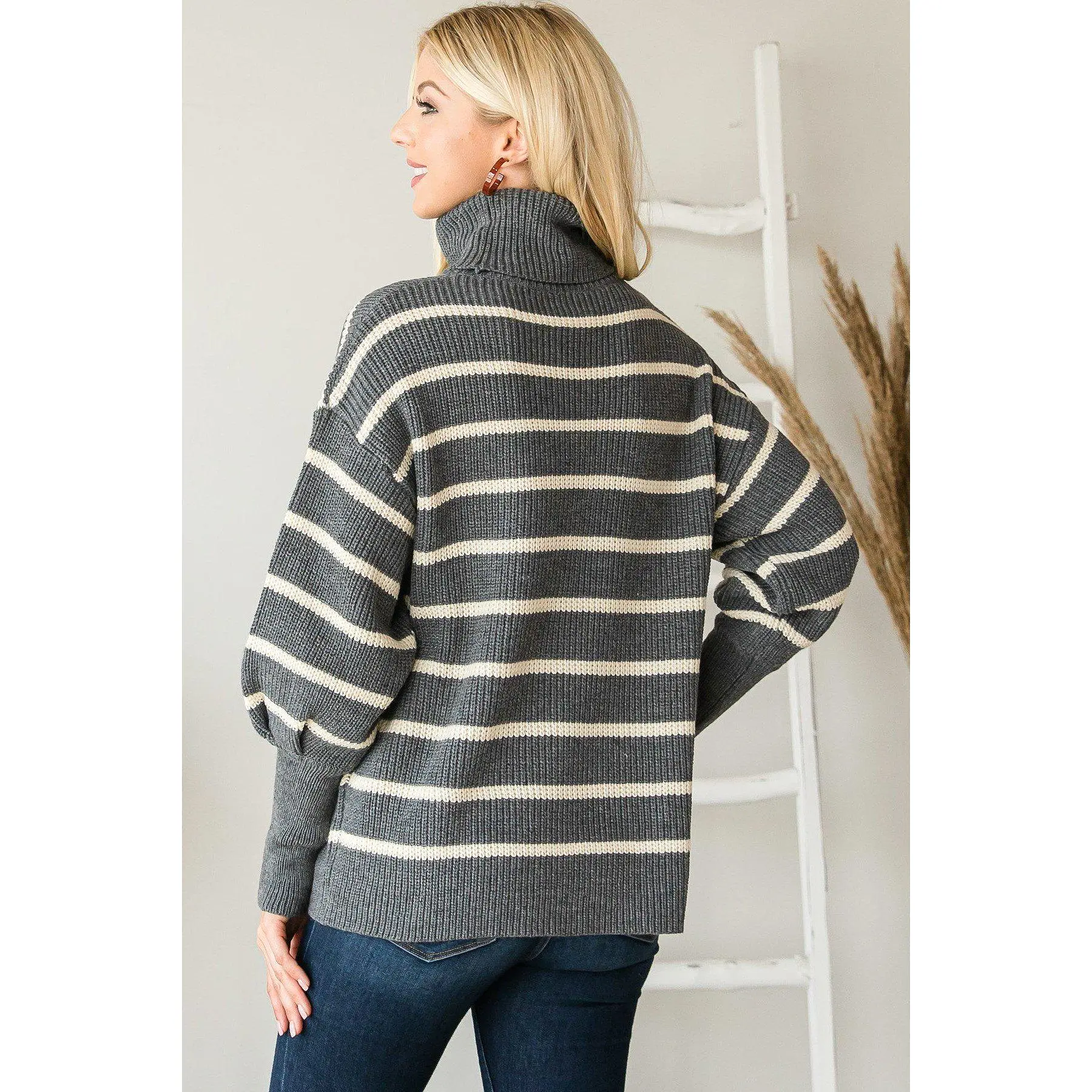 Heavy Knit Striped Turtle Neck Knit Sweater