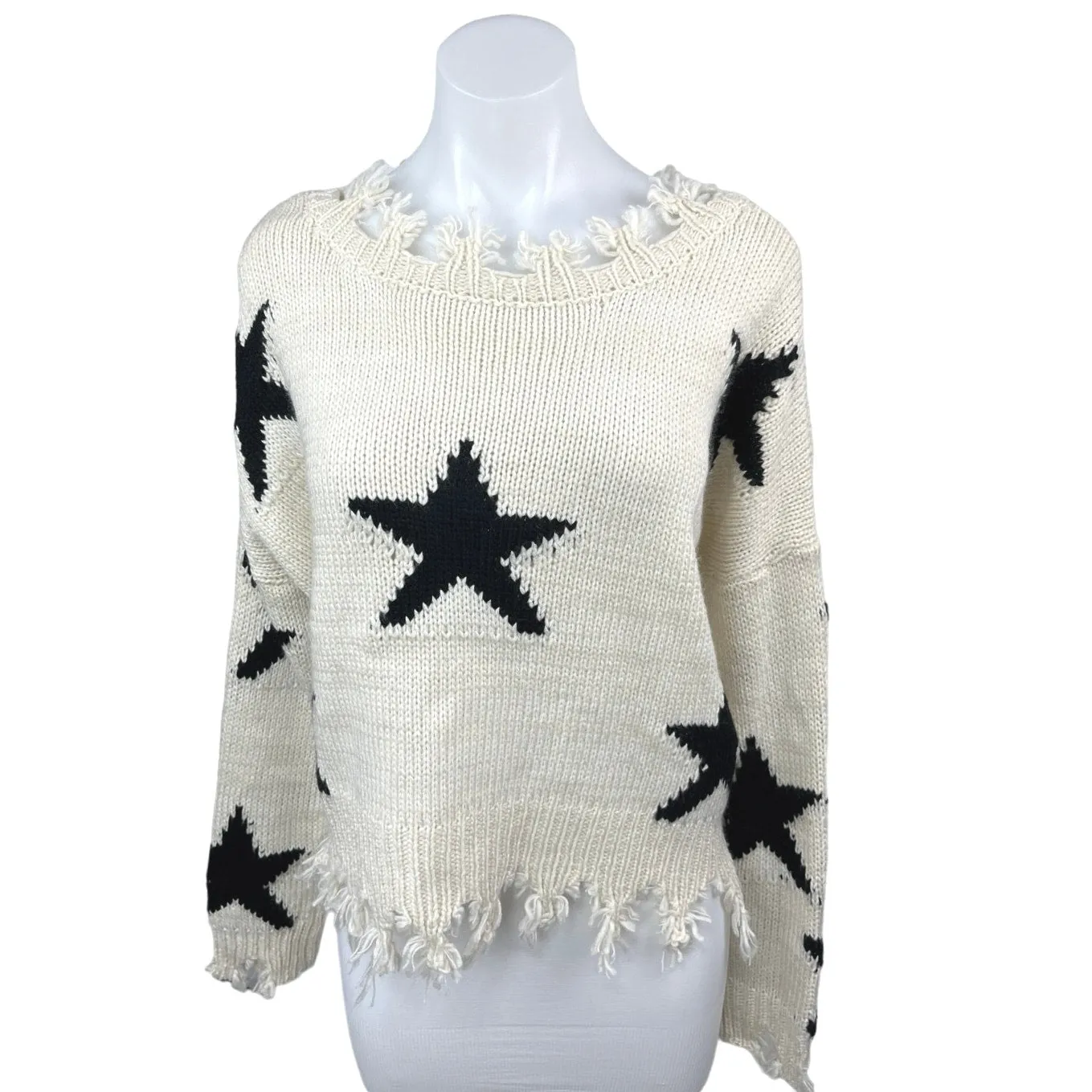 Katwalk Cream White Star Print Distressed Knit Oversize Pullover Sweater Top S/M