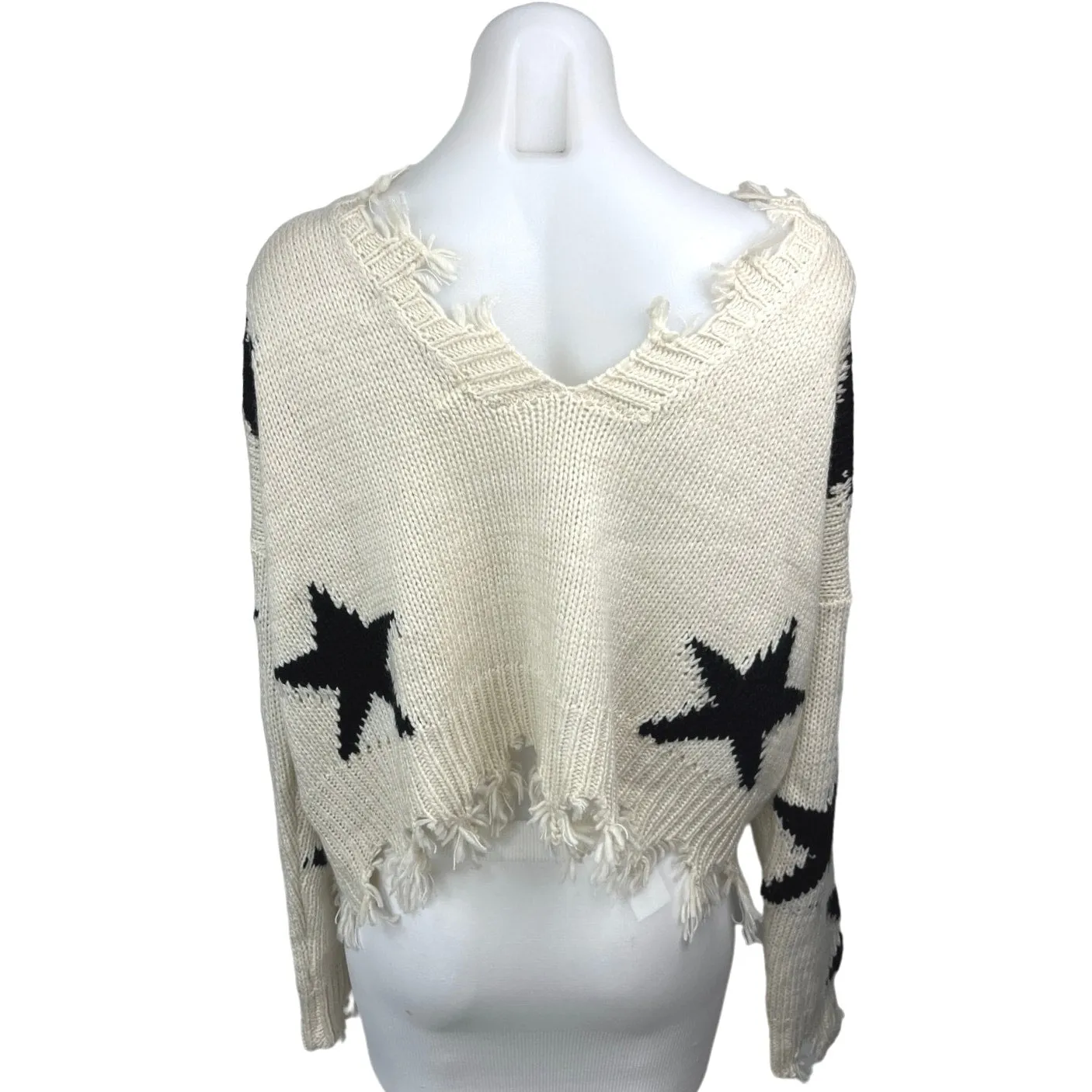 Katwalk Cream White Star Print Distressed Knit Oversize Pullover Sweater Top S/M