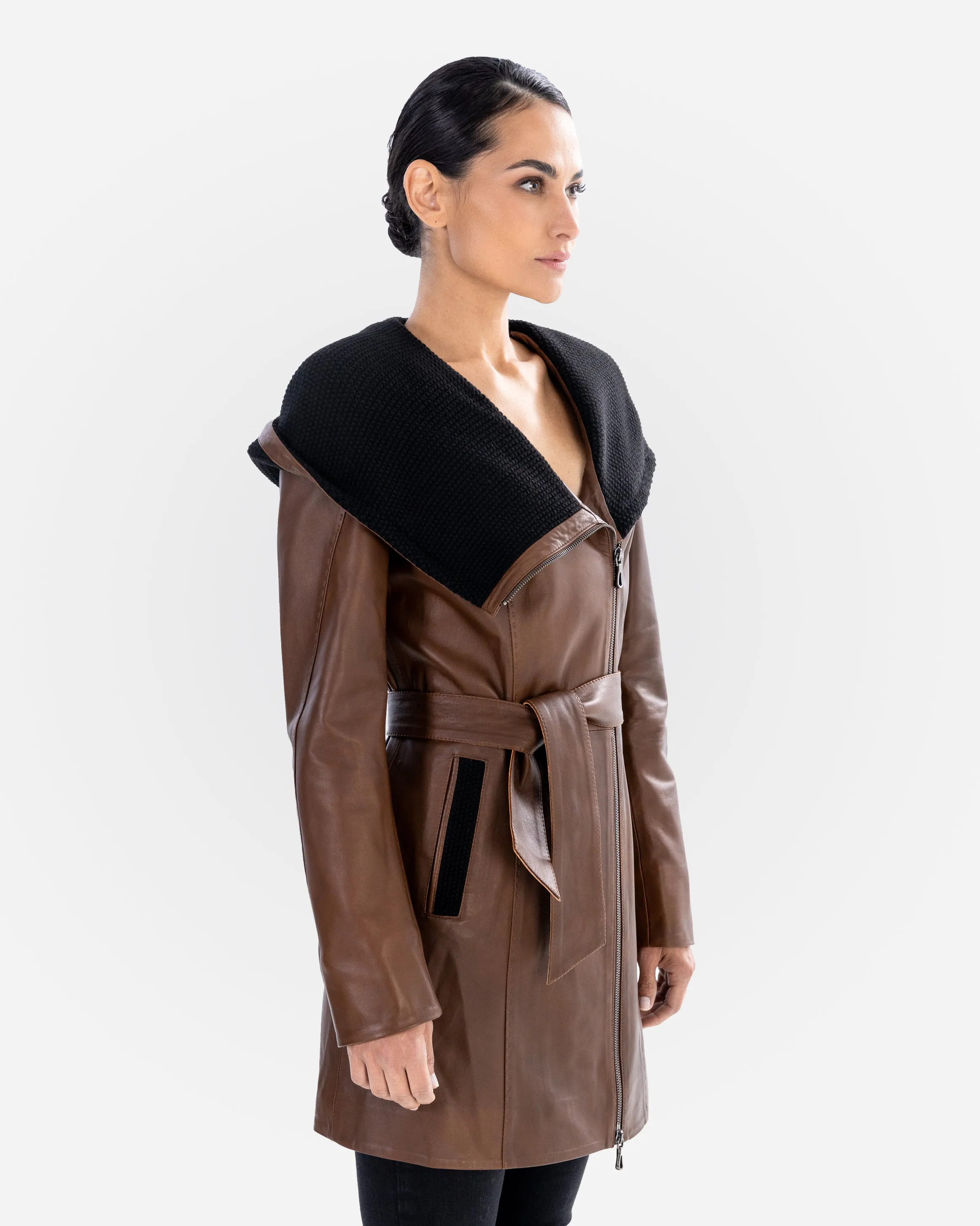 Lucie Leather Trench Coat - Brown