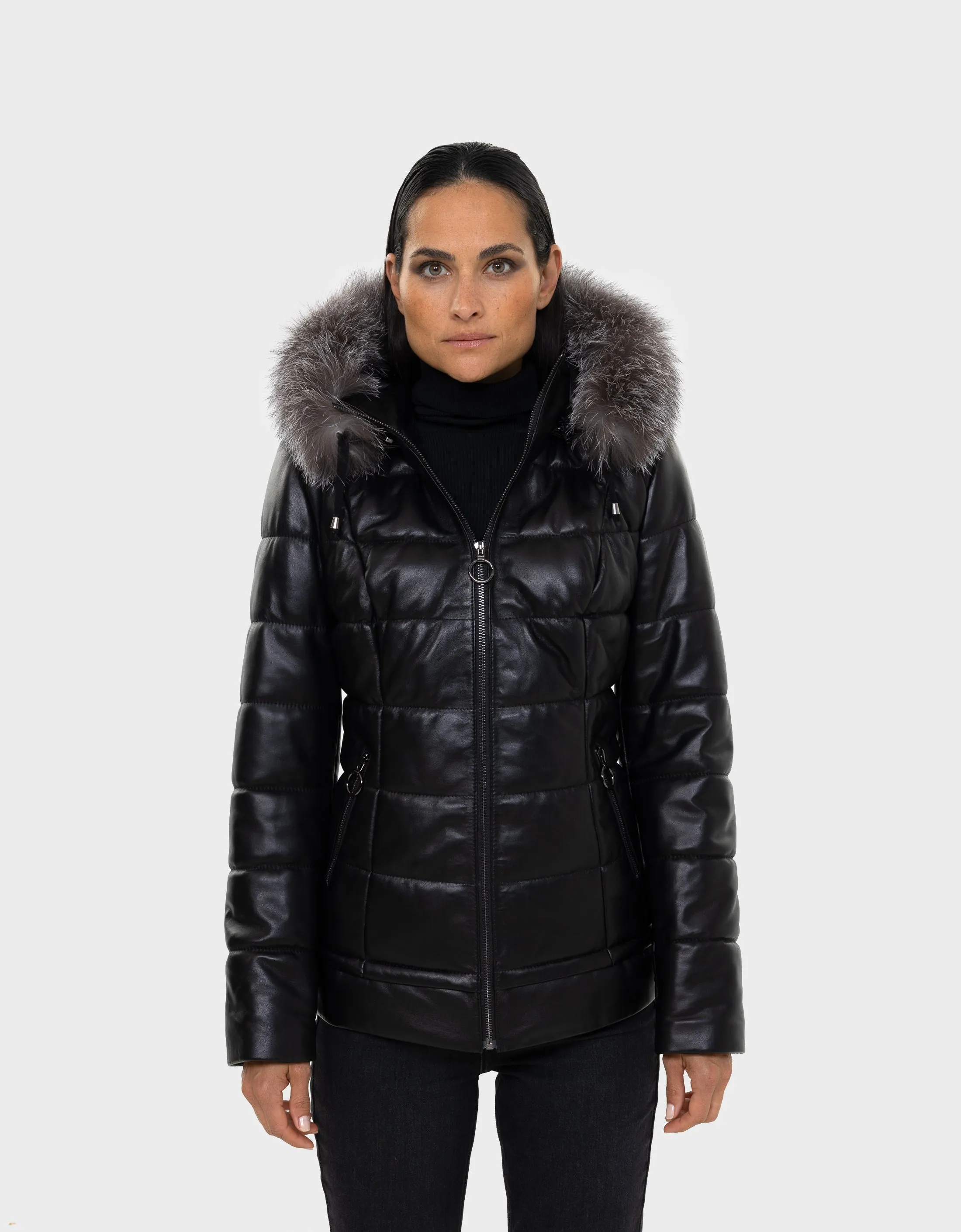 Lyanna Women's Leather Down Coat with Removable Fur