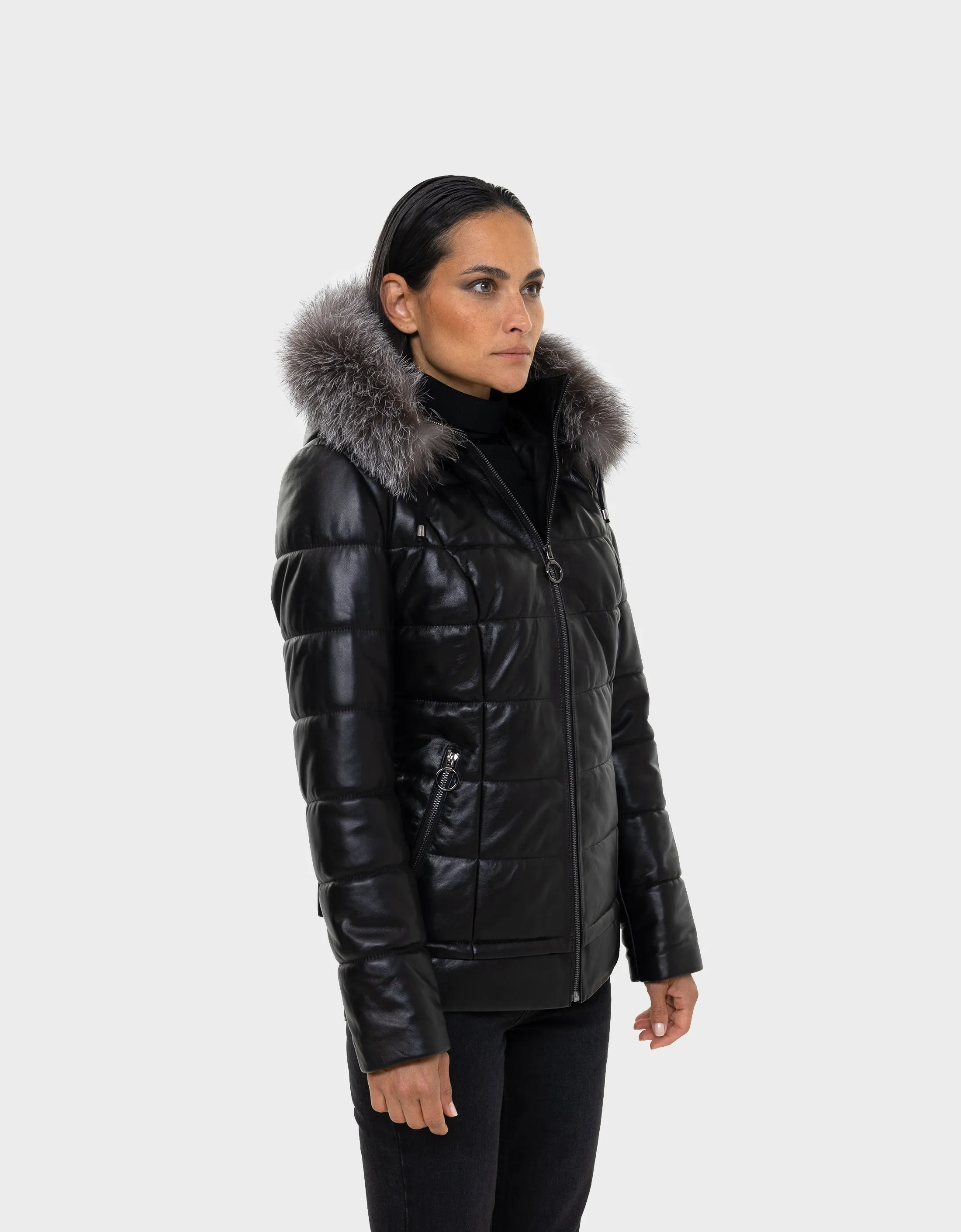 Lyanna Women's Leather Down Coat with Removable Fur