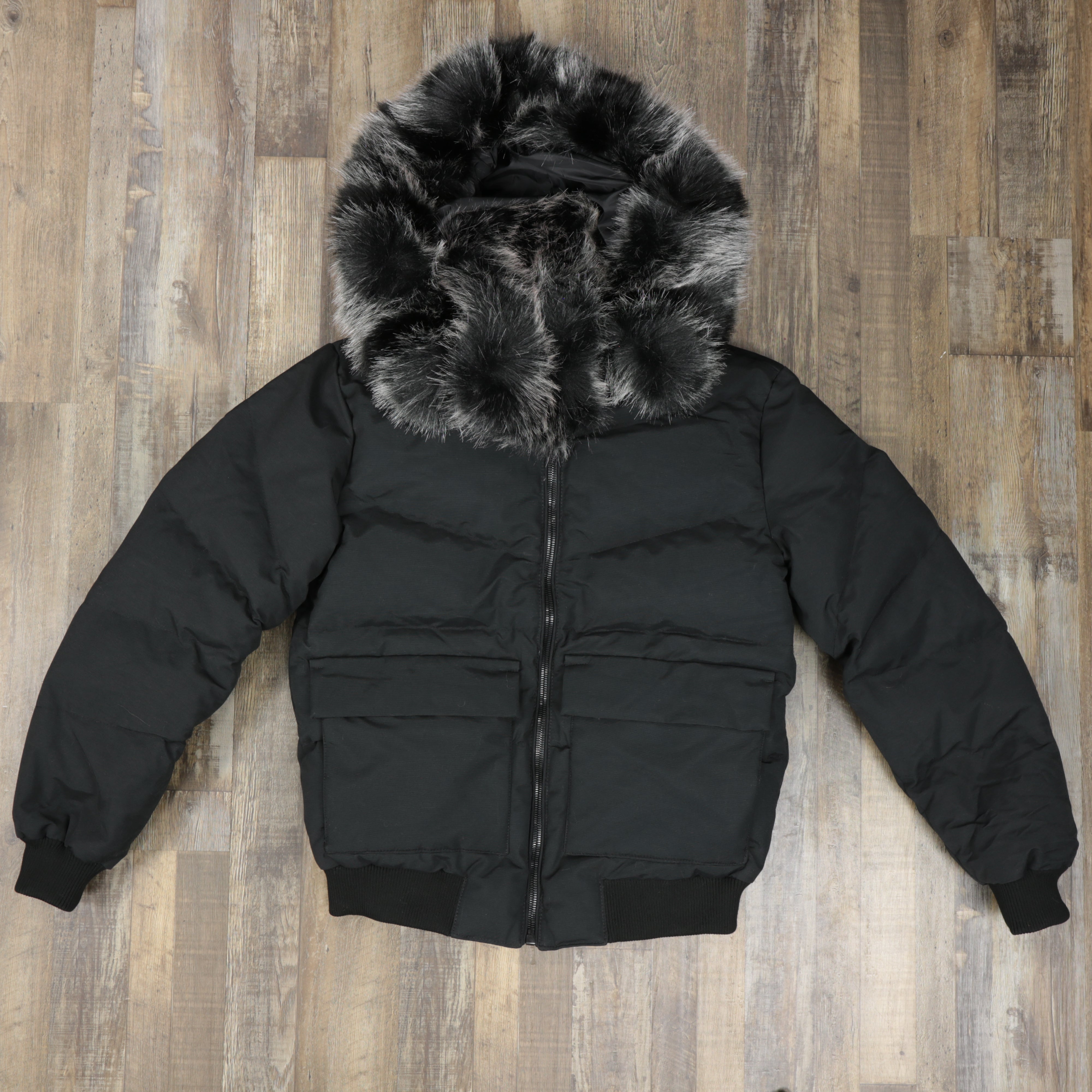 Men's Black Bubble Puffer Parka Jacket With Removable Faux Fur Hood (Vegan Fur)