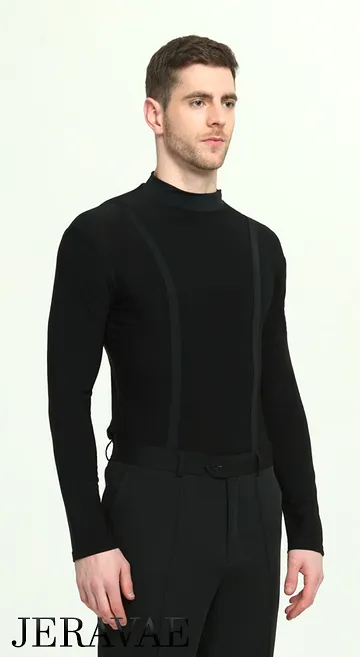 Men's Black Long Sleeve Latin or Rhythm Tuck Out Style Shirt with Mock Turtle Neck M056 in Stock