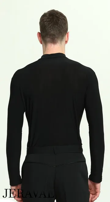 Men's Black Long Sleeve Latin or Rhythm Tuck Out Style Shirt with Mock Turtle Neck M056 in Stock