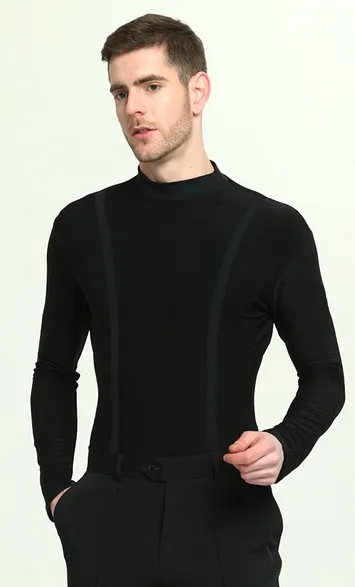 Men's Black Long Sleeve Latin or Rhythm Tuck Out Style Shirt with Mock Turtle Neck M056 in Stock