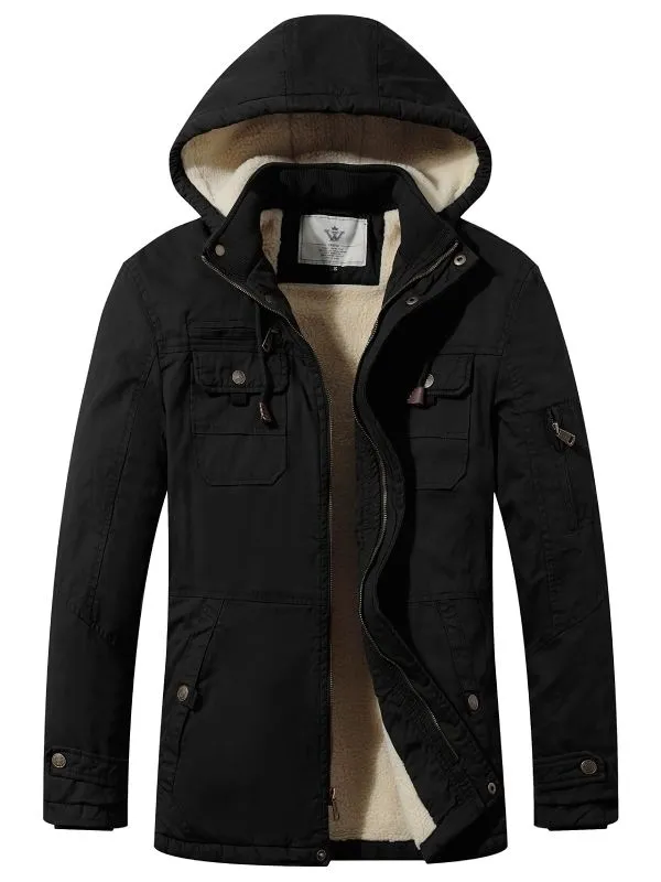 Men's Winter Sherpa Parka Mid Length Thicken Military Style Warm Jacket with Removable Hood