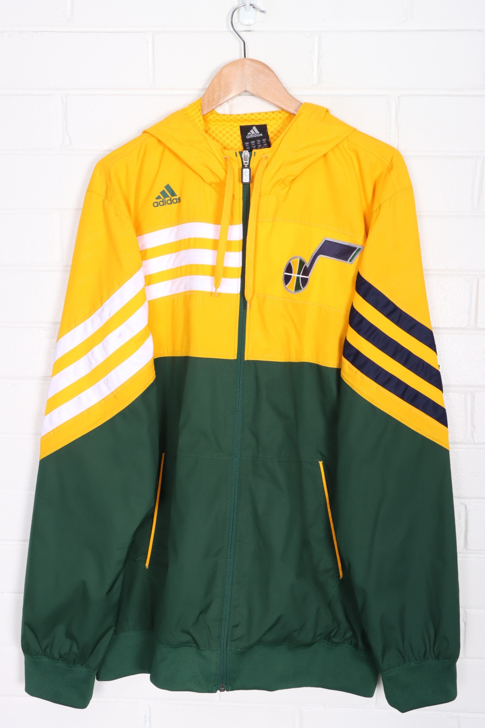 NBA Utah Jazz Green & Gold ADIDAS 3 Stripe Hooded Windbreaker (2XL)